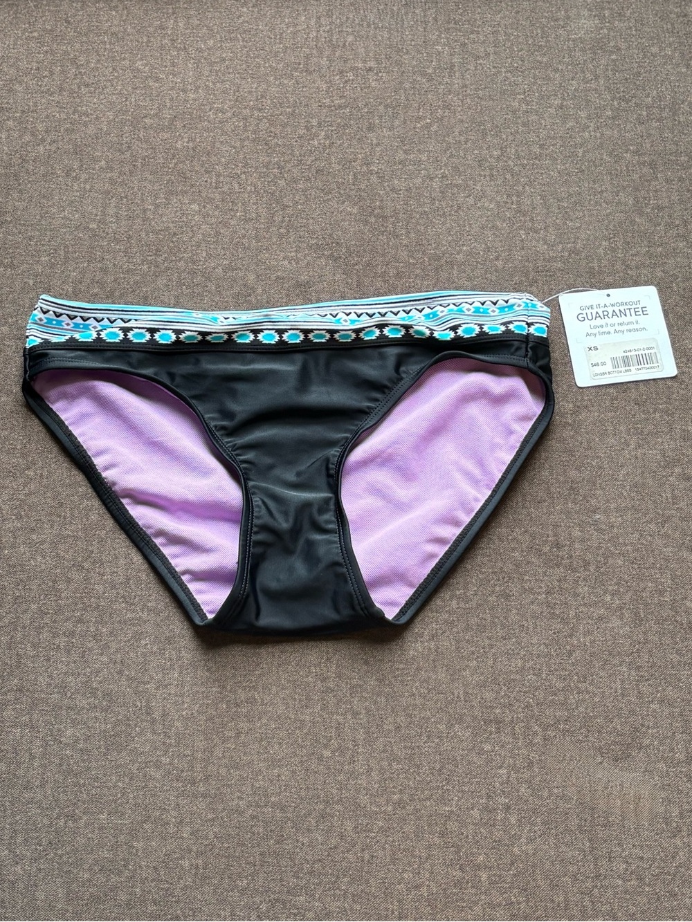 Athleta Black Bikini Bottoms with Turquoise and White Patterned Waistband XS NWT